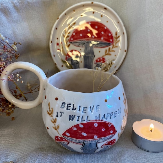 Handpainted Rustic Ceramic Mug,Handcrafted mushroom cup,Hot Chocolate & Coffee Cup, whimsical art style