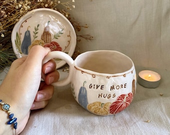 Handgemaakte pompoenmok – rustieke keramische herfstkoffiekop