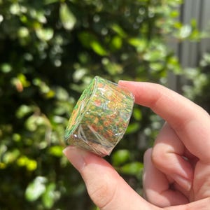 May include: A roll of decorative washi tape featuring a colorful floral design with green, orange, and yellow hues. The tape is wrapped in clear plastic, held by a hand against a backdrop of green foliage.
