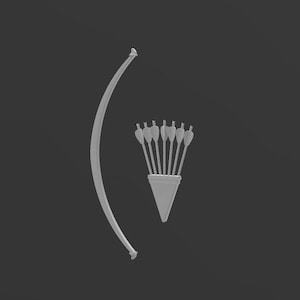 May include: A gray wooden bow with a quiver of gray arrows. The bow is curved and the arrows are arranged in a fan shape.