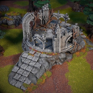 May include: A circular stone ruin with a weathered, gray stone exterior. The ruin is overgrown with trees and vines, and there are steps leading up to it. The ruin is set against a backdrop of green grass and trees.