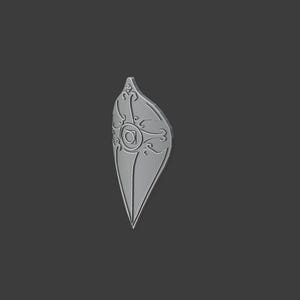 May include: A grey, leaf-shaped pendant with detailed embossed patterns. The pendant has a central circular feature and decorative, curved lines, set against a dark grey backdrop. The design hints at a vintage or fantasy aesthetic.