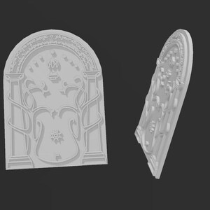 May include: A white, arched decorative panel with intricate relief details. The design includes columns, a crown, and stylized vines. The panel is shown from two angles against a dark background, highlighting the three-dimensional texture.