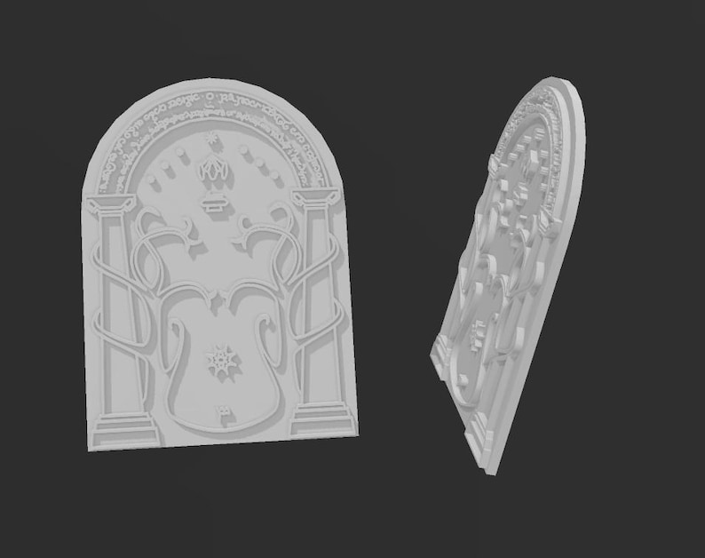 May include: A white, arched decorative panel with intricate relief details. The design includes columns, a crown, and stylized vines. The panel is shown from two angles against a dark background, highlighting the three-dimensional texture.