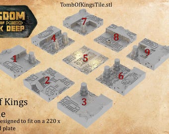 Pode incluir: Nove peças de masmorra impressas em 3D para um jogo de tabuleiro chamado Kingdom of Durak Deep. As peças são numeradas de 1 a 9 e são projetadas para caber em uma placa de construção de 220 x 220 mm.