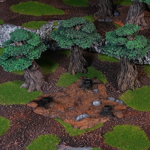 May include: A miniature forest scene featuring four green trees and a brown dirt patch with three black rocks. The trees have brown bark and green foliage. The dirt patch is textured and has a rough surface.