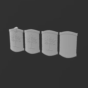 May include: Four light gray rectangular shields arranged in a row. Three of the shields feature a raised relief design of a stylized tree with branches and roots. The shields have a curved surface, a reinforced border with small circular rivets.