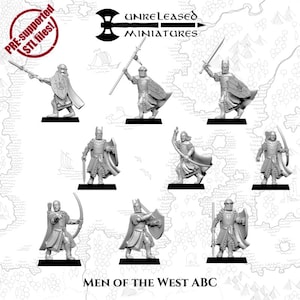 May include: A collection of unpainted miniature figures of armored warriors, each posed with a weapon or shield. The figures are on black bases, with the text "MEN OF THE WEST ABC" at the bottom. The image also includes the text "PRE-supported STL files!"