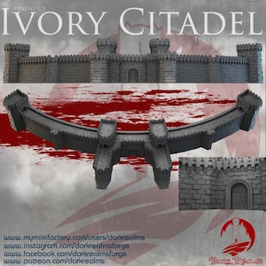 May include: A detailed, gray model of a castle wall with the text "Ivory Citadel" and "The Outer Wall." The model features turrets, arched doorways, and a textured brick design. The Dark Realms logo is in the bottom right corner.