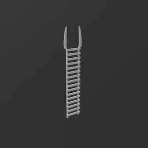 May include: A light gray miniature ladder with a U-shaped top and evenly spaced rungs. The ladder is a simple, minimalist design, likely for decorative purposes or a small-scale project. The ladder is set against a dark gray background.