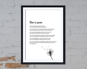 She is Gone Poem | Strength | Funeral | Instant Download | Loss of loved one Sister Wife Daughter Grief | Print | Printable Quote | Sympathy