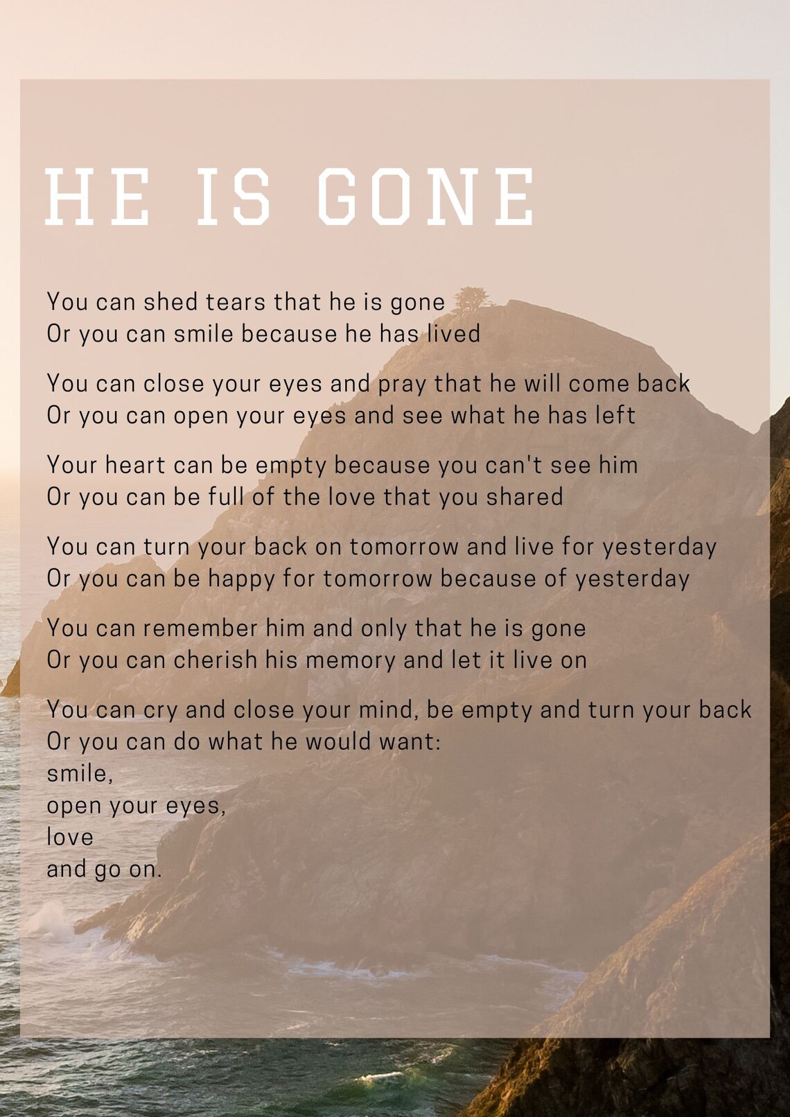 He is gone poem strength funeral mourning instant download bereavement