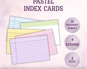 Puede incluir: Un conjunto de tarjetas de índice en tonos pastel que incluyen azul, amarillo, rosa y morado. El texto dice: INSTANT DOWNLOAD, PASTEL INDEX CARDS, 15 DIFFERENT SHADES, 4 DESIGNS, 3 SIZES. Una fila de círculos de colores aparece abajo.