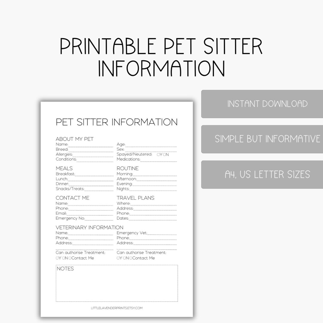 Pet Sitter Information Sheet Printable Doggy Day Care - Etsy