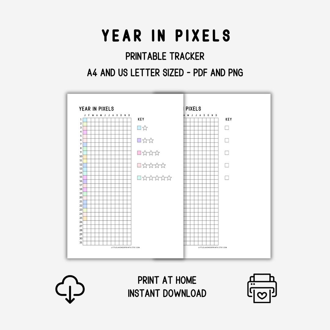 Year in Pixels Tracker Printable, Prefilled and Blank Versions, A4 & US ...
