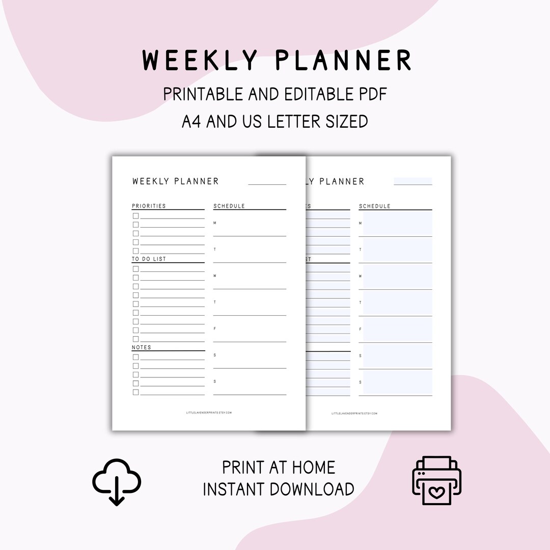 Minimalist Weekly Planner: Printable Fillable Editable PDF, A4 & US ...