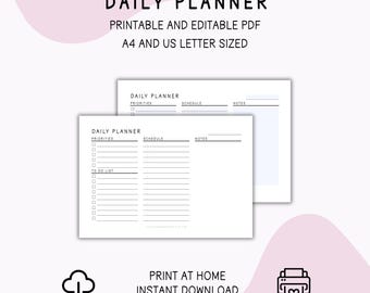 Daily Planner Printable: Editable PDF, Schedule, Priorities, To-Do List, A4 & US Letter Sized, Instant Digital Download