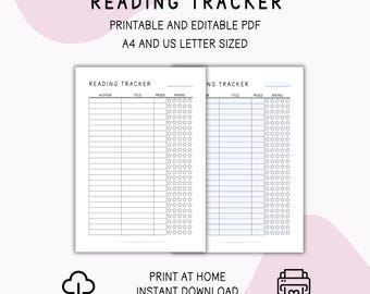 Reading Tracker Printable: Blank Editable PDF, A4 & US Letter Sizes, Instant Digital Download