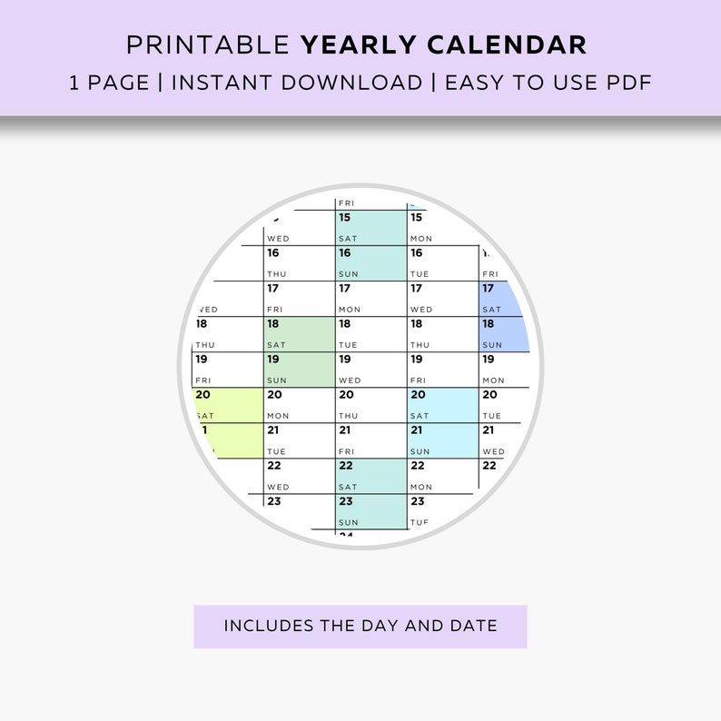 Printable 2024 year at a glance wall planner rainbow coloured weekends