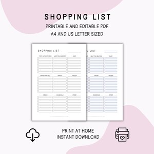 May include: Two printable shopping list templates with sections for fruit, vegetables, meat, seafood, dairy, bakery, pantry, frozen, drinks, household, and other items. The text reads "SHOPPING LIST" and "PRINTABLE AND EDITABLE PDF A4 AND US LETTER SIZED."