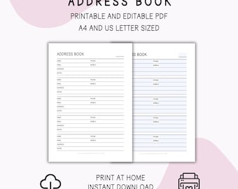 Address Book Editable & Printable PDF - Contact List - A4 and US Letter Sized - Instant Digital Download