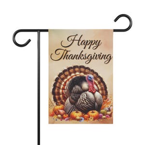 Happy Thanksgiving Garden Flag with Turkey, Fall Yard Decor with Pumpkins & Leaves, Festive Autumn Outdoor Give Thanks Banner