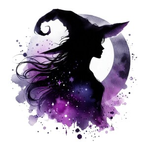 May include: Silhouette of a witch with long flowing hair and a pointed hat, set against a watercolor background of purple and blue hues. The witch is positioned in front of a crescent moon shape, with stars and paint splatters adding detail.