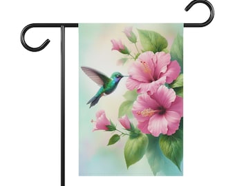 Hummingbird Garden Flag with Pink Hibiscus, Floral Spring Outdoor Decor, Bird Lover Decoration
