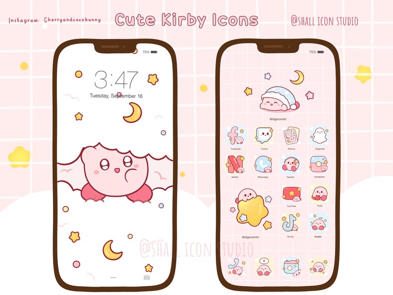 Cute K I R B Y Icon set, Cute icons, Pink icon set, iOS and Android app icons, Widgets, Wallpapers for phone and iPad, Aesthetic Icon pack image 1