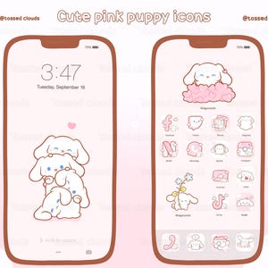 May include: Two phone screens with a pink background. The left screen shows a stack of three cute pink puppy icons. The right screen shows a grid of 16 pink puppy icons. The text "Cute pink puppy icons" is at the top of the image.
