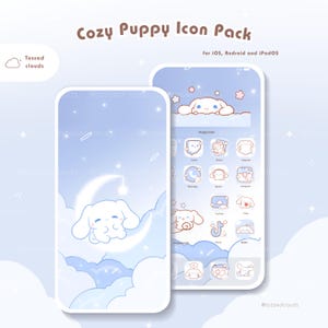 Peut inclure: Maquette de produit numérique avec un téléphone et une tablette. Les écrans affichent un design de chiot mignon avec des nuages et une lune. Le texte "Cozy Puppy Icon Pack" est en haut, avec le texte "for iOS, Android and iPadOS".