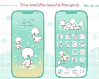 Cute dandelion bunnies Icon set, Cute icons, Teal icon set, iOS Android app icon, Widgets, Wallpaper for phone and iPad, Aesthetic Icon pack