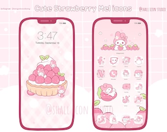 Cute strawberry M e l Icon set, Cute icons, Pink icon set, iOS Android app icons, Widget, Wallpapers for phone and iPad, Aesthetic Icon pack