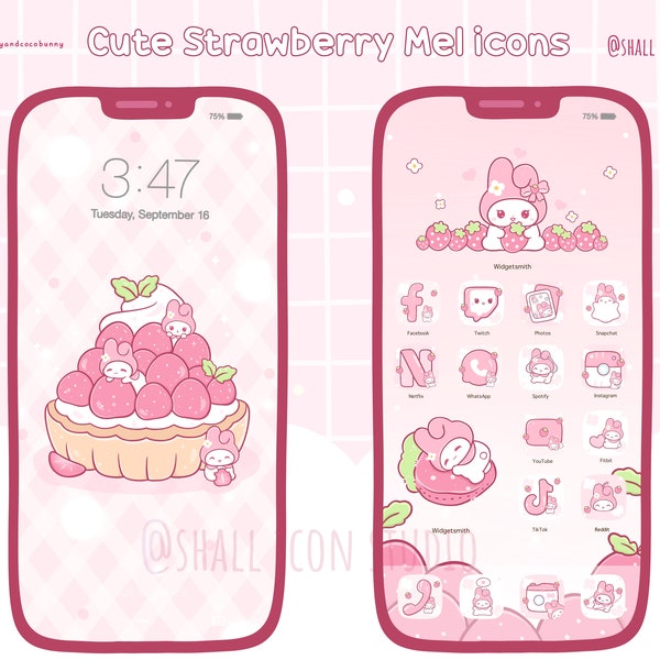 Cute strawberry M e l Icon set, Cute icons, Pink icon set, iOS Android app icons, Widget, Wallpapers for phone and iPad, Aesthetic Icon pack