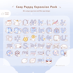 May include: A digital graphic showcasing 50 unique app icons and filler designs. The light blue icons feature a cloud and puppy theme, including Etsy, Disney, and Amazon logos. Text reads "Cozy Puppy Expansion Pack".