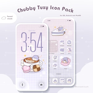 May include: Two smartphone screens with a light purple theme, featuring the text "Chubby Tuxy Icon Pack". One screen shows a cartoon character in a coffee cup, a macaron, and a biscuit. The other screen displays app icons.