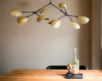 Stilnovo Style Sputnik Chandelier: 8-Arm Curved Disk Shade, Raw Brass