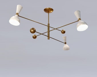 Brass Chandelier Orbitale 3 Rotating Balanced Arms, Stilnovo Style, Twin Shades
