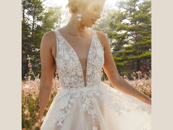 Deep v spaghetti strap wedding dress sale