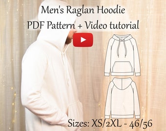 Men's Raglan Hoodie PDF Sewing Pattern & Video Tutorial - Sizes XS to 2XL - Instant Download - A4, A0, US Letter Formats - Layers Included