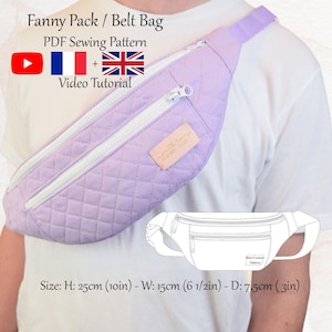 Sac banane / sac banane avec 2 fermetures éclair - Patron de couture PDF et tutoriel vidéo - Taille unique - Téléchargement immédiat - A4, A0, lettre US.