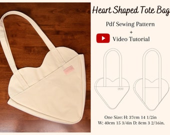 Fully Lined Heart Shaped Tote Bag With Pockets - PDF Sewing Pattern & Video Tutorial - One size - Instant Download - A4, A0, US Letter.