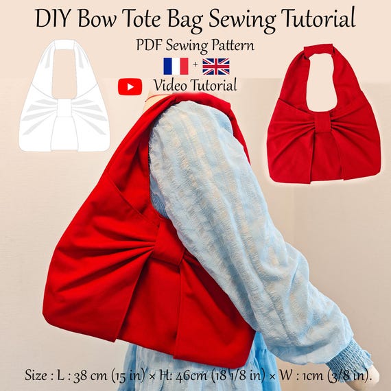 Bow Tote Bag With Pockets in Canvas Fabric - PDF Sewing Pattern & Video Tutorial - One size - Instant Download - A4, A0, US Letter.