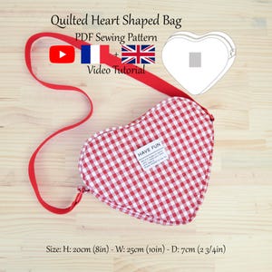 Gesteppte herzförmige Tasche mit Ginghammuster - PDF Schnittmuster & Videoanleitung - Einheitsgröße - Sofortdownload - A4, A0, US Letter.
