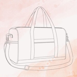May include: A black and white line drawing of a duffel bag featuring two top handles, a rectangular main compartment, a front pocket, and a detachable shoulder strap with metal hardware clips and an adjustable buckle on a light pink background.