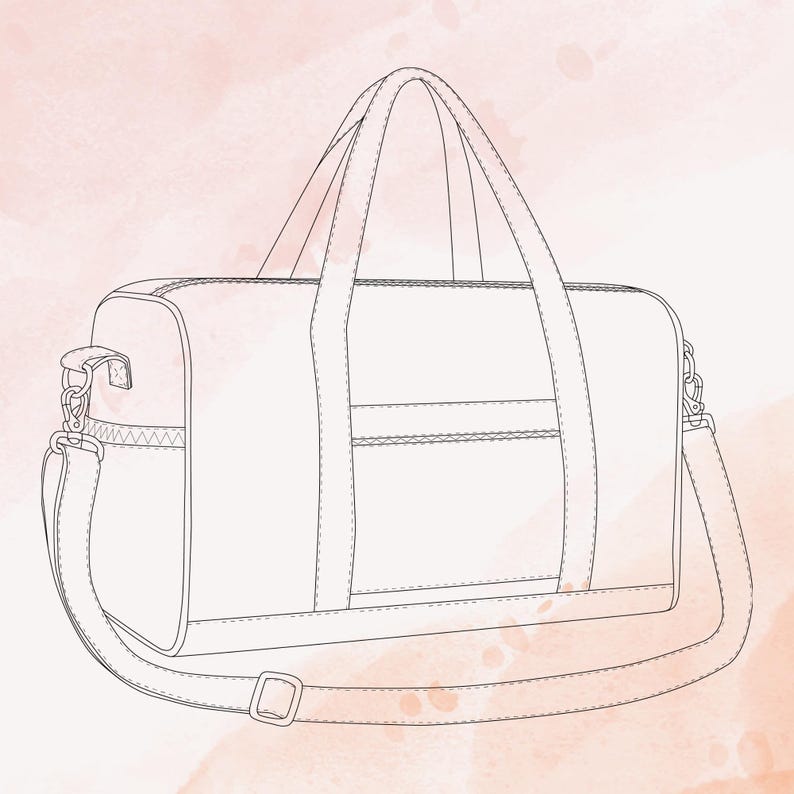 May include: A black and white line drawing of a duffel bag featuring two top handles, a rectangular main compartment, a front pocket, and a detachable shoulder strap with metal hardware clips and an adjustable buckle on a light pink background.