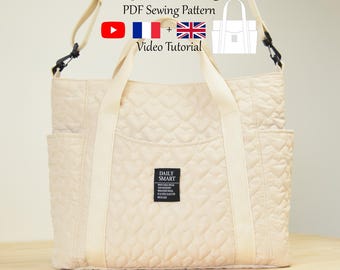 Quilted Tote Bag with Pockets - PDF Sewing Pattern & Video Tutorial - One size - Instant Download - A4, A0, US Letter.