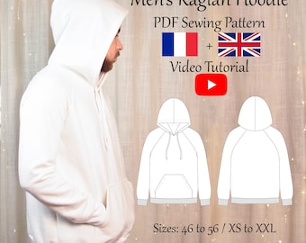 Men's Raglan Hoodie PDF Sewing Pattern & Video Tutorial - Sizes XS to 2XL - Instant Download - A4, A0, US Letter Formats - Layers Included