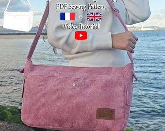 Bolso bandolera de pana con bolsillos y correa - Patrón de costura en PDF y videotutorial - Talla única - Descarga instantánea - A4, A0, Carta EE. UU.