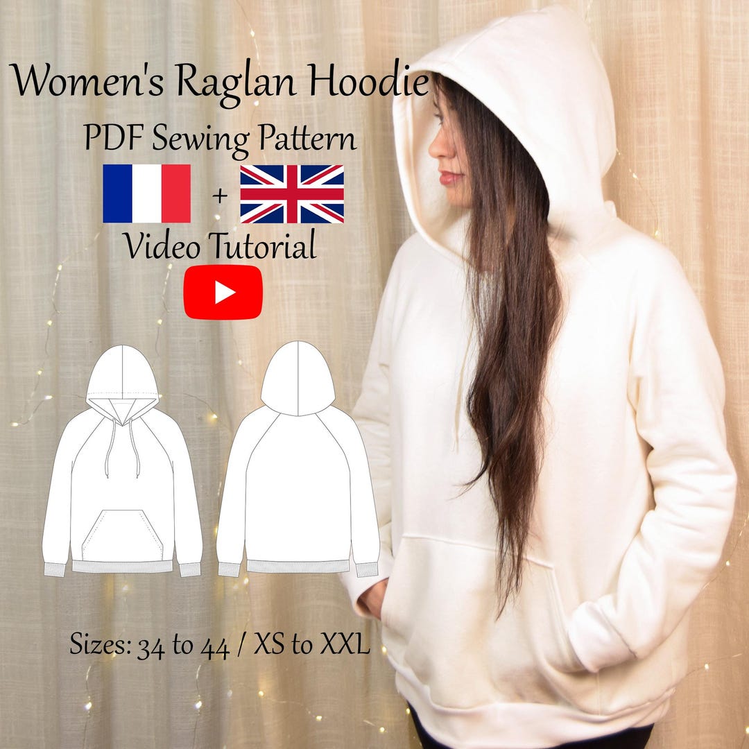 Women's Raglan Hoodie PDF Sewing Pattern Video Tutorial Sizes
